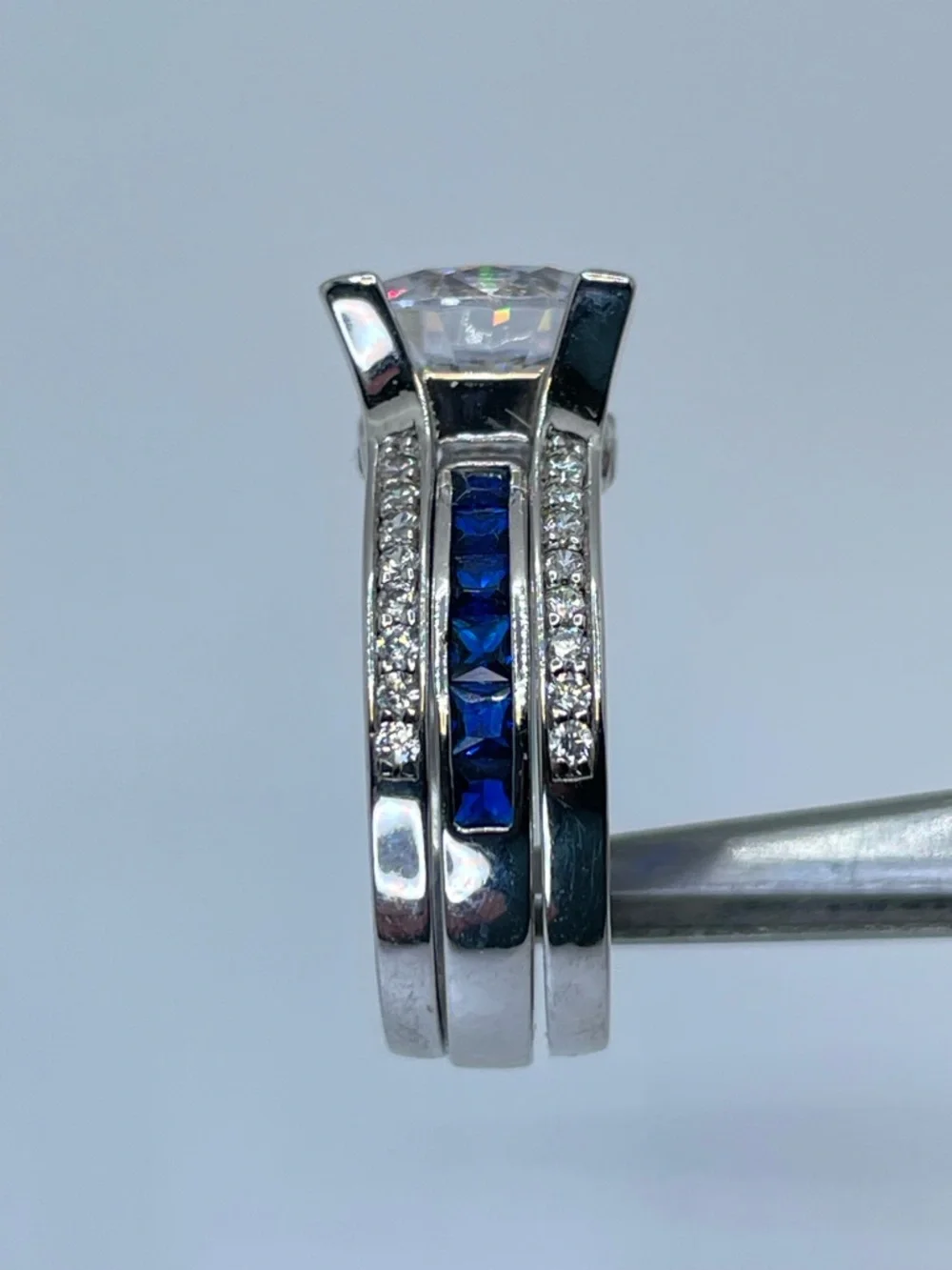 925 Sterling Silver Diamond Sapphire Bridal Wedding Ring Guard Set 5